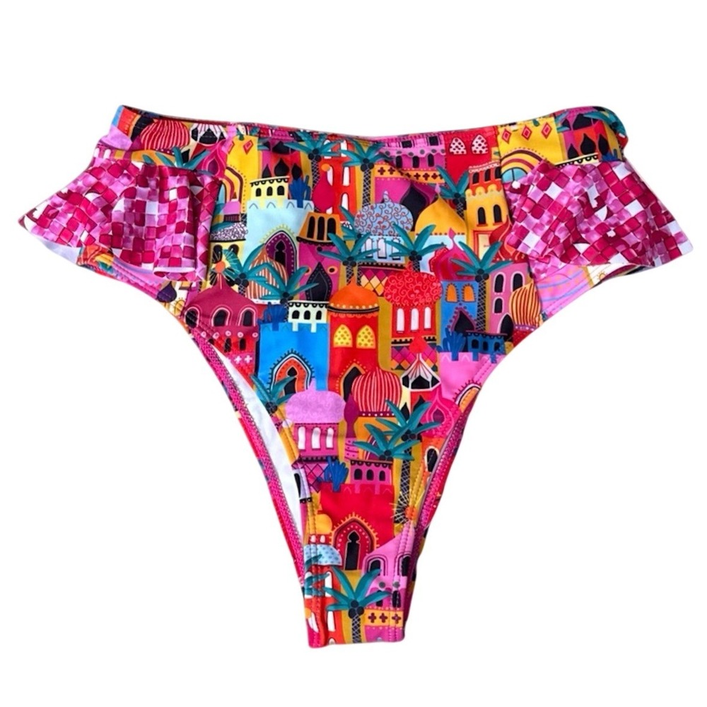 Sporlike Pink Floral Mediterranean Ruffle Bikini Bottoms Womens Size‎ Large NEW